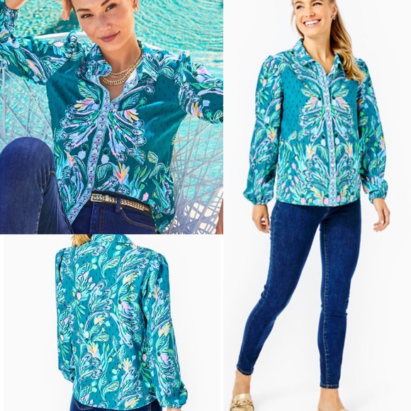 Lilly Pulitzer Tavia Top - Valencia Teal Rain Florist Engineered - Picture 2 of 5